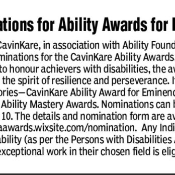 CavinKare & Ability Foundation invite nominations for the 20th edition of CavinKare Ability Awards for Achievers with Disabilities