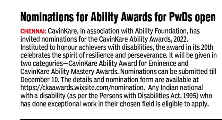 CavinKare & Ability Foundation invite nominations for the 20th edition of CavinKare Ability Awards for Achievers with Disabilities