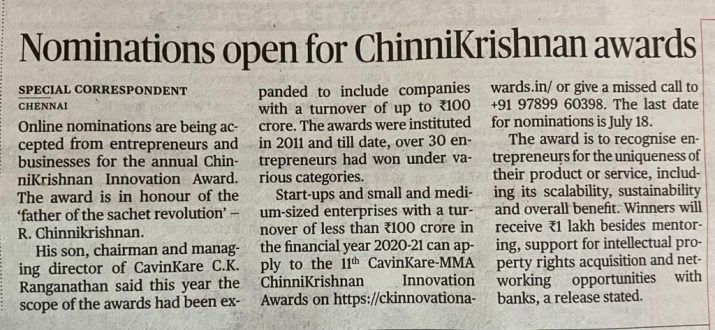 The CavinKare-MMA ChinniKrishnan Innovation Award is Now Accepting Nominations