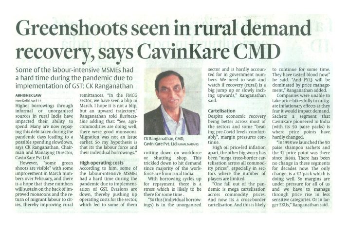 Greenshoots Seen in rural demand recovery , says Cavinkare CMD