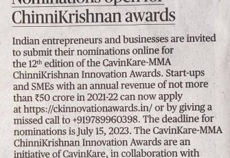 Nominations Now Open for the 12th CavinKare-MMA ChinniKrishnan Innovation Awards